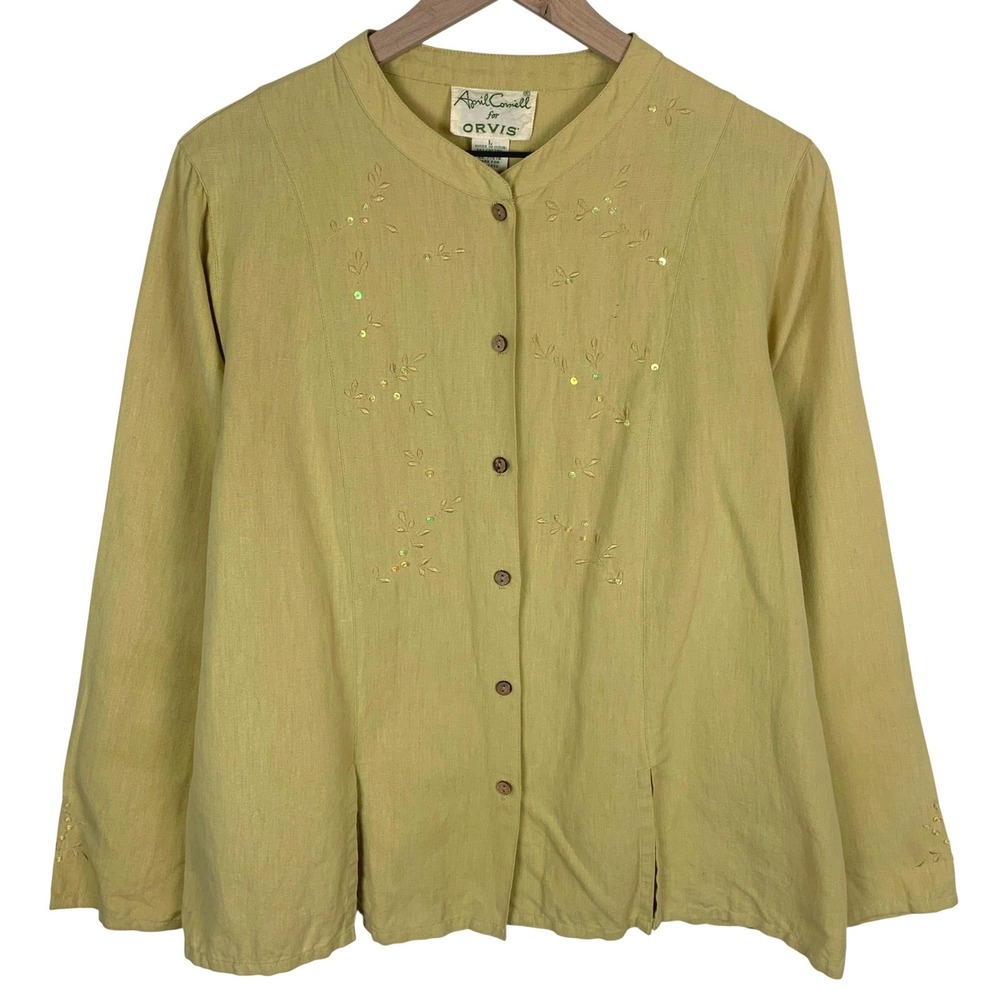 April Cornell for Orvis Linen Cotton Embroidered Sequin Blouse Sz L Yellow Grn